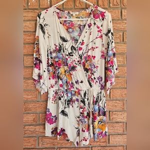 Umgee Floral Wrap Romper in White with Pink, Yellow & Blue